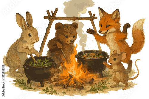Forest Cooking Fire. Cooking fire in the woods with pots bubbling with wild greens, mushrooms, and herbs, while animals stir