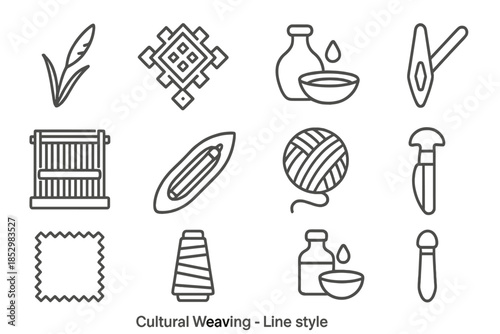 Cultural Weaving Icons. Line style icons of Cultural Weaving: Reed, Decorative Pattern, Dye, Craft Method; Loom, Shuttle, Yarn,