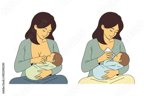 Illustrates a woman breastfeeding her baby and feeding it a bottle.