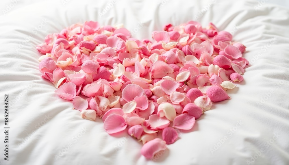 Obraz premium Pink rose petals arranged in a heart shape with romantic mood on a white bedsheet background with copy space