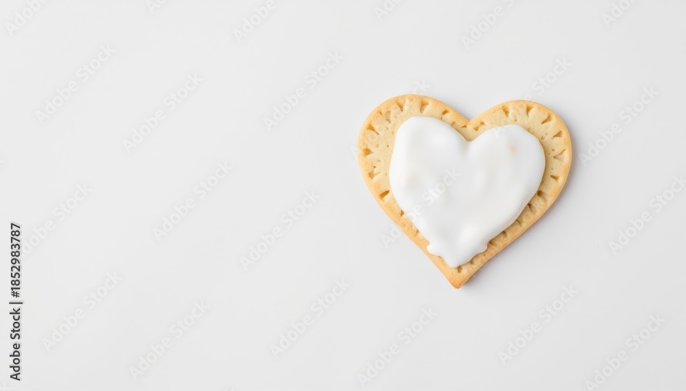 Obraz premium Heart-shaped cookie with white icing and sweet mood on a plain white background with copy space