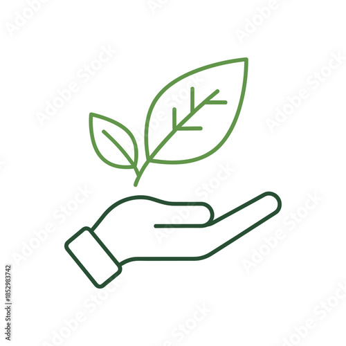 Green hand holding two green leaves.