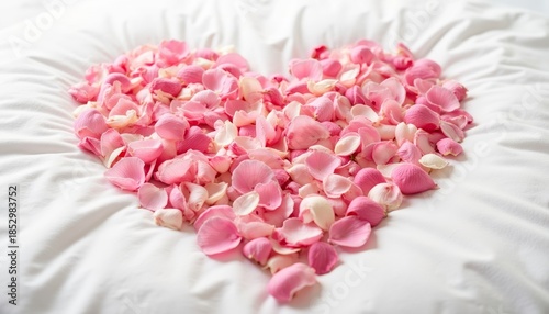 Pink rose petals arranged in a heart shape with romantic mood on a white bedsheet background with copy space