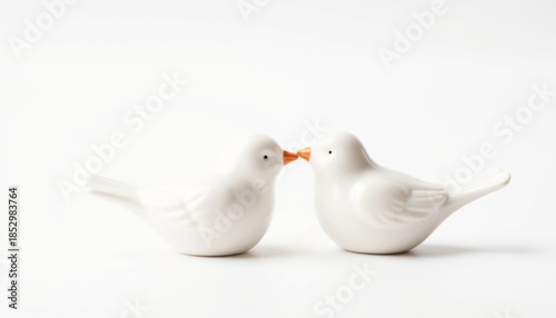 Two white ceramic lovebirds with affectionate mood touching beaks against a minimalist white background with copy space
