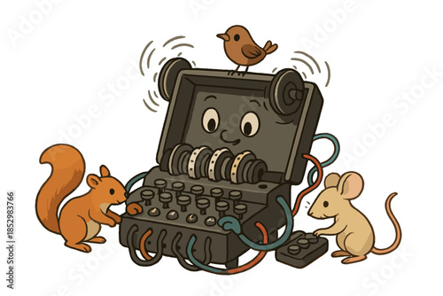 Playful Enigma Machine. Enigma machine as a playful character with spinning dials, friendly wires, and curious animals pressing