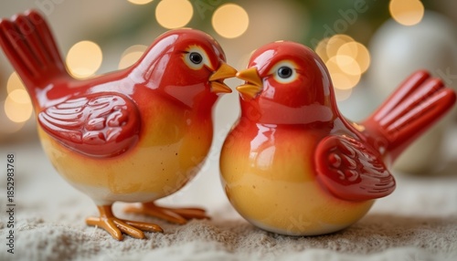Two red and yellow ceramic lovebirds with festive mood touching beaks against a warm bokeh background with copy space