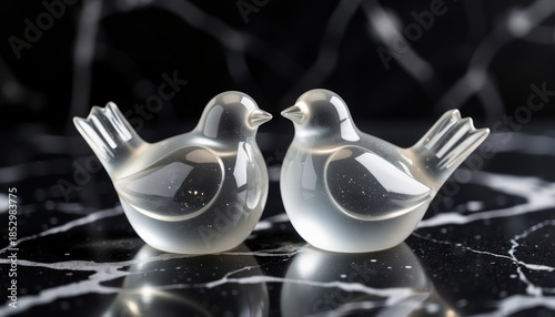 Two translucent glass lovebirds with elegant mood facing each other on a black marble surface against a dark abstract background with copy space