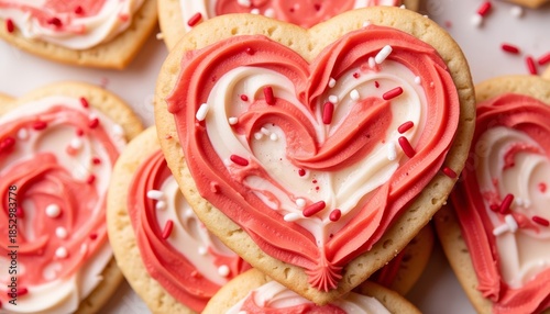 Heart-shaped sugar cookies with romantic mood featuring red and white swirled icing and sprinkles against a soft white background