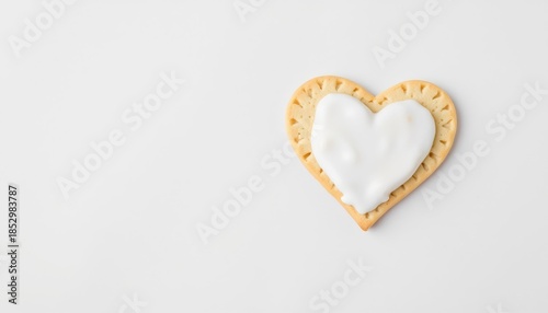 Heart-shaped cookie with white icing and sweet mood on a plain white background with copy space