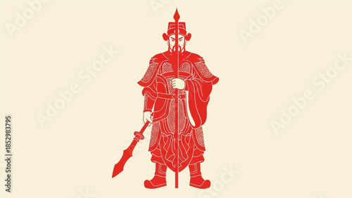 Traditional Chinese warrior illustration in red on a light background, symbolizing strength and ancient culture.