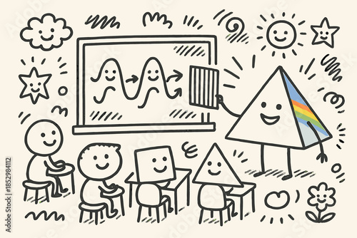 Joyful Classroom Experiment. Friendly doodle classroom with a happy teacher prism showing polarized light to smiling students,