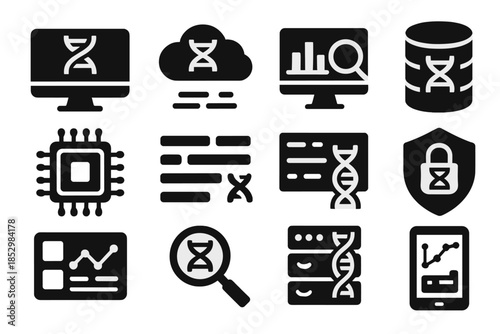 Genetic Data Icons. Solid style icons of genetic data analysis: computer screen with helix, cloud storage with DNA, bar chart