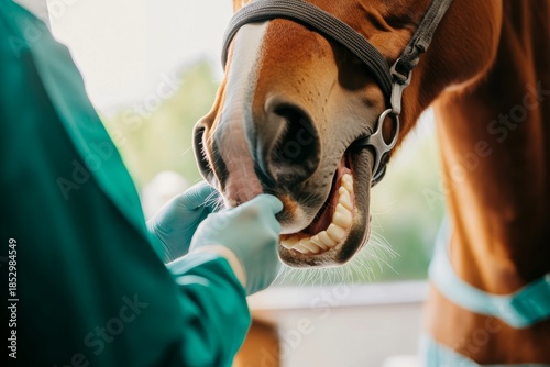 Veterinarian examining horse's teeth during checkup