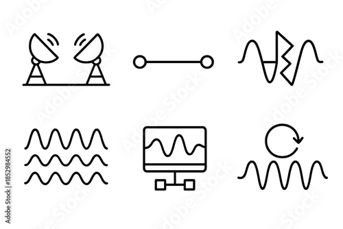 Interferometry Technique Icons. Line style icons of Interferometry Techniques: two connected antennas, baseline line, signal