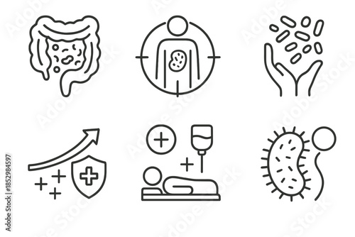 Microbiome Treatment Icons. Line style icons of Microbiome and Disease Treatment: inflammatory bowel icon, metabolic disorder