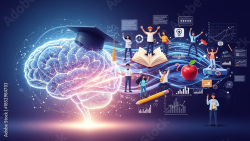 Education and learning concept with glowing brain wearing graduation cap, students, book, apple, and graphs