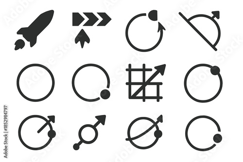 Orbital Maneuver Icons. Solid style icons of orbital maneuvers: rocket firing, delta-v arrow, trajectory correction, inclination