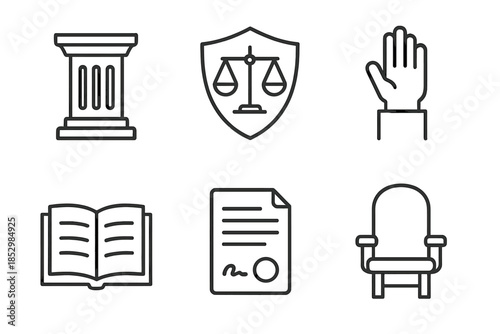 Legal Symbol Icons. Line style icons of Legal Standing: courthouse column, shield of law, raised hand oath, open book, contract