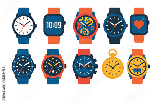 Modern Watch Icons. Flat vector icons of watch types: analog watch, digital watch, skeleton watch, smart watch, diver’s watch,
