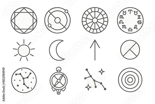 Horoscope Analysis Icons. Line style icons of Horoscope Analysis: Natal Chart, Planetary Transit, House Layout, Zodiac Icon; Sun