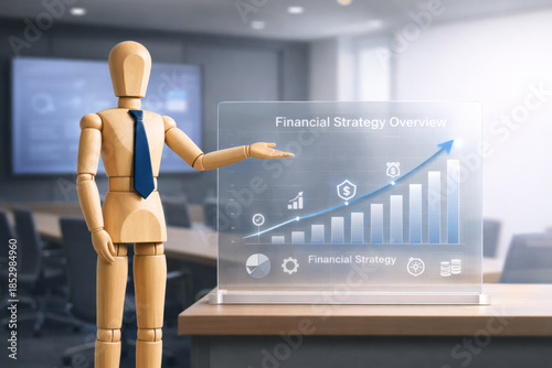 Wooden mannequin with tie presenting financial strategy overview with rising bar graph and icons in modern office, symbolizing business growth and financial planning success