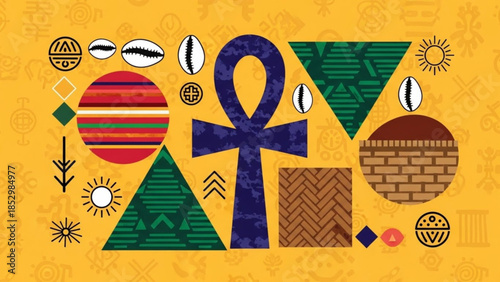 Egyptian ankh symbol with colorful geometric shapes and patterns on yellow background