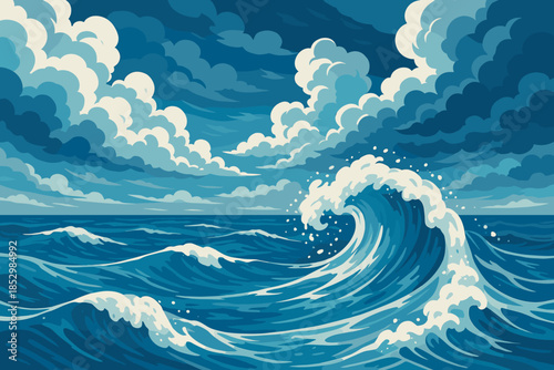 Dramatic Ocean Waves. Serene ocean waves crashing under a dramatic cloudy sky, vibrant blues and whites capturing the power of