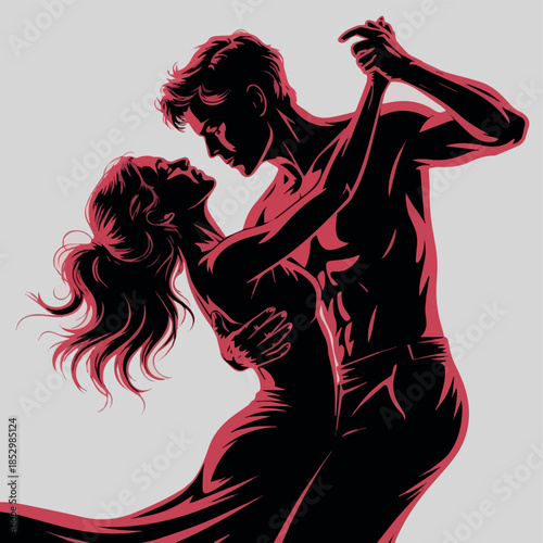 Create Couple in Passionate Dance Graphic Isolated on White Background, Ink Painting in Black and Red.