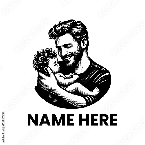 Heartwarming black and white illustration of a loving father gently cradling his newborn baby, a tender moment representing family, care, and paternal bond