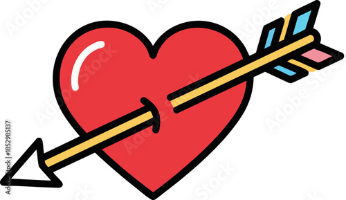 Classic vintage style red heart pierced by a gold arrow symbolizing love and romance