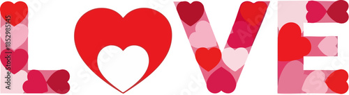 Word love spelled out using a beautiful collage of red and pink hearts on a black background