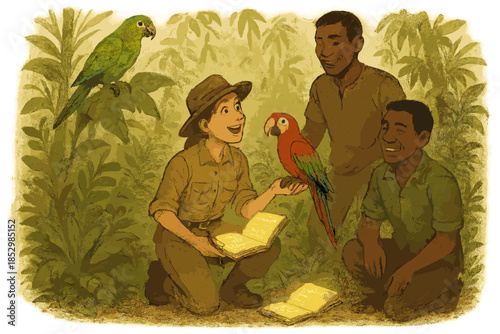 Jungle Linguist Adventure. Field linguist in the jungle with glowing notebooks, parrots repeating words, and friendly guides