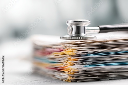 Close-up of stethoscope resting atop a stack of medical paperwork. Shallow depth of field