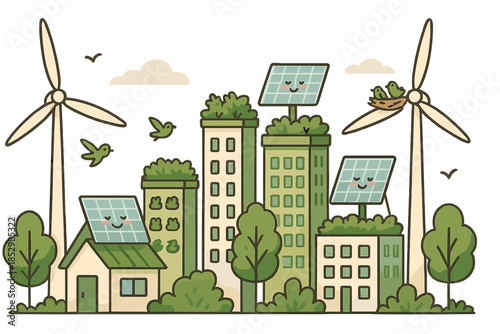 Green Urban Landscape. Eco-friendly skyline with rooftop gardens, solar panels smiling, and birds nesting on wind turbines No text