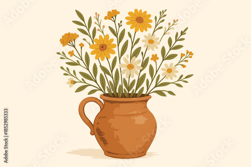 Wildflowers in Ceramic Vase. Artistic ceramic vase filled with fresh wildflowers, vector illustration rustic and charming tones,