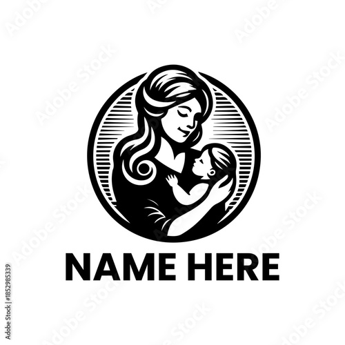 Elegant black and white logo design featuring a loving mother embracing her baby, symbolizing maternal care, family bond, and tender moments, perfect for parenting brands