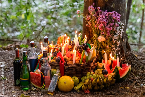 Afro-Brazilian religious offering honoring orixás in a syncretic spiritual ritual
