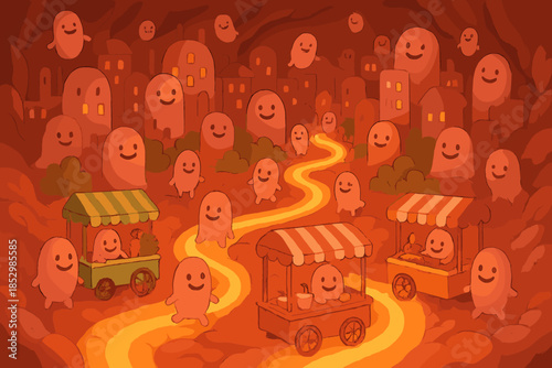 Bacterial Cityscape. Gut city with smiling bacteria as citizens, glowing streets as intestines, and cheerful food carts passing by