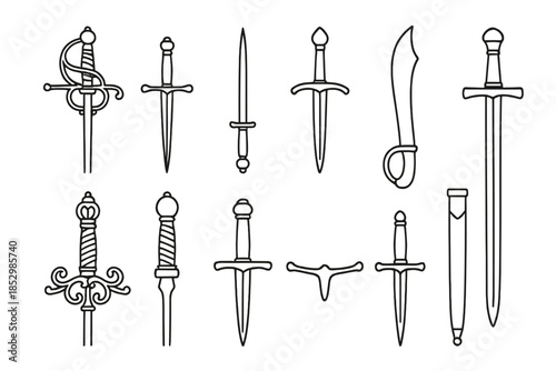 Renaissance Weapon Icons. Line style icons of renaissance weapons: rapier, main gauche, stiletto, falchion; broadsword, cutlass,