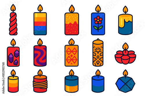 Decorative Candle Icons. Flat vector icons of Decorative Candles: carved spiral candle, layered color candle, glitter candle,
