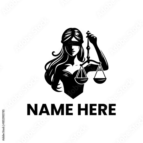 Powerful black and white vector illustration of blindfolded Lady Justice holding scales, symbolizing law, fairness, and truth. An ideal graphic for legal professionals.