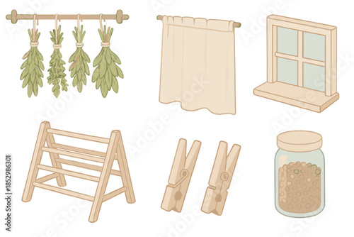 Herb Drying Nook. Isometric vector illustration set Herb Drying Nook: suspended herb bundles, linen curtain, small window ledge,