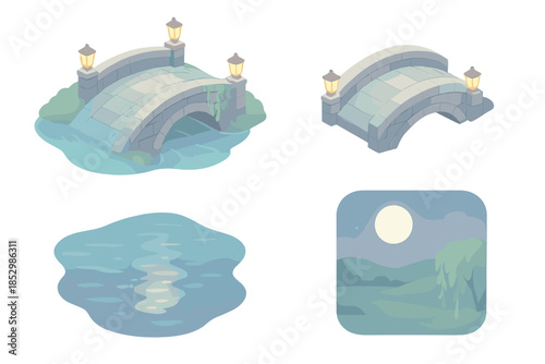 Moonlit River Bridge. Isometric vector illustration set Moonlit River Bridge: curved stone structure, glowing lanterns, shimmering