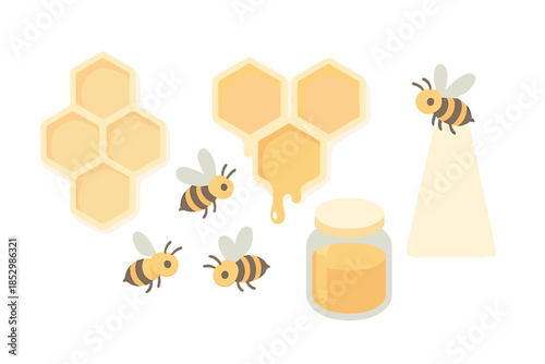 Honeycomb and Bees. Isometric vector illustration set Honeycomb Shadow Theory: geometric honeycomb grid, dripping honey cells,