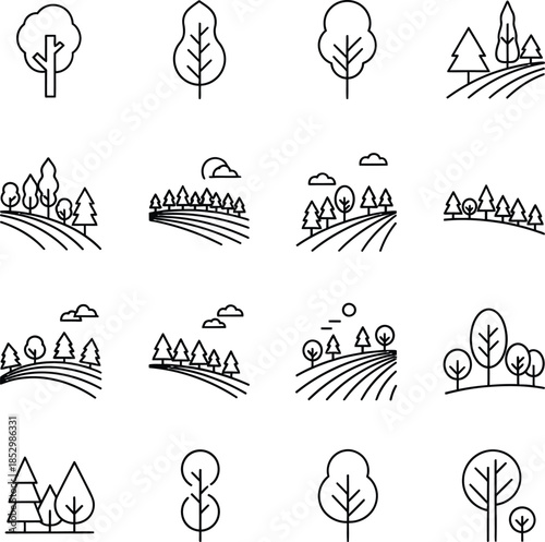 A minimalist line art illustration set featuring various stylized trees and scenic landscapes with minimal trees in a linear style on a white background.
