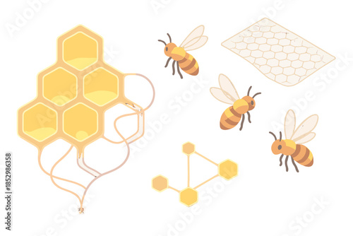 Luminescent Comb Network. Isometric vector illustration set Luminescent Comb Network: glowing honey nodes, floating nectar lines,