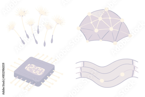 Dandelion Clock Network. Isometric vector illustration set Dandelion Clock Network: glowing dandelion seeds, floating fiber