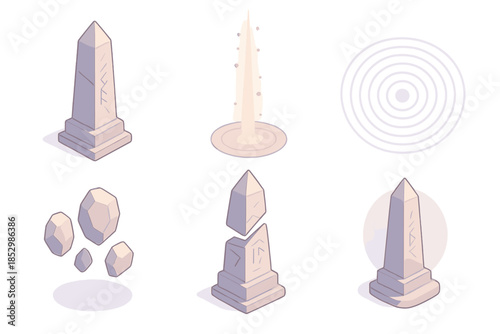 Memory Pulse Monument. Isometric vector illustration set Memory Pulse Monument: geometric obelisk fragments, radiant energy beam,