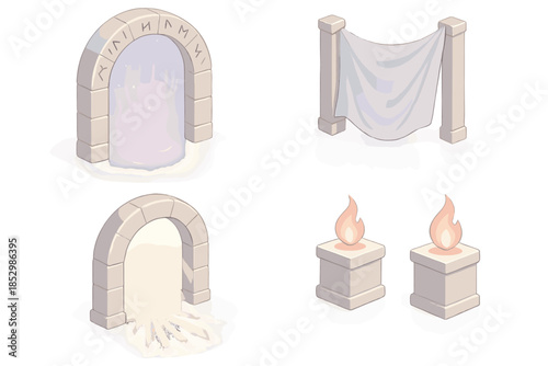 Horizon Cipher Gateway. Isometric vector illustration set Horizon Cipher Gateway: arch of engraved runes, shimmering energy field,