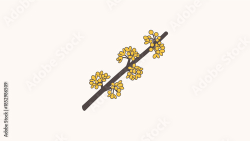 Illustration of a blooming yellow forsythia branch, a vibrant sign of spring awakening in nature.
